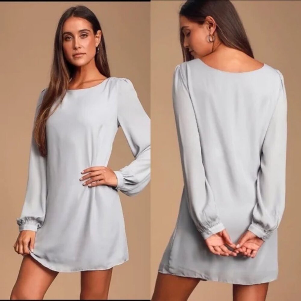 Lulus Status Update Grey Long Sleeve Shift Dress – Size Small